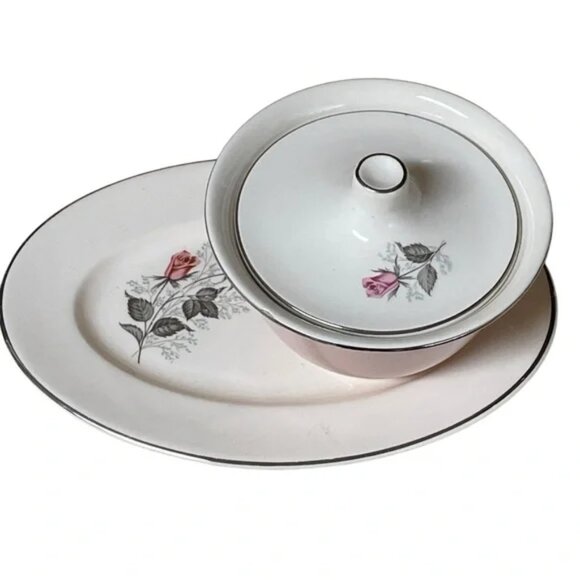 Taylor Smith & Taylor Other - VTG Taylor Smith Taylor Pink Roses, BlueGray Leaves, Bowl w/Lid, Snack Tray 8.5”